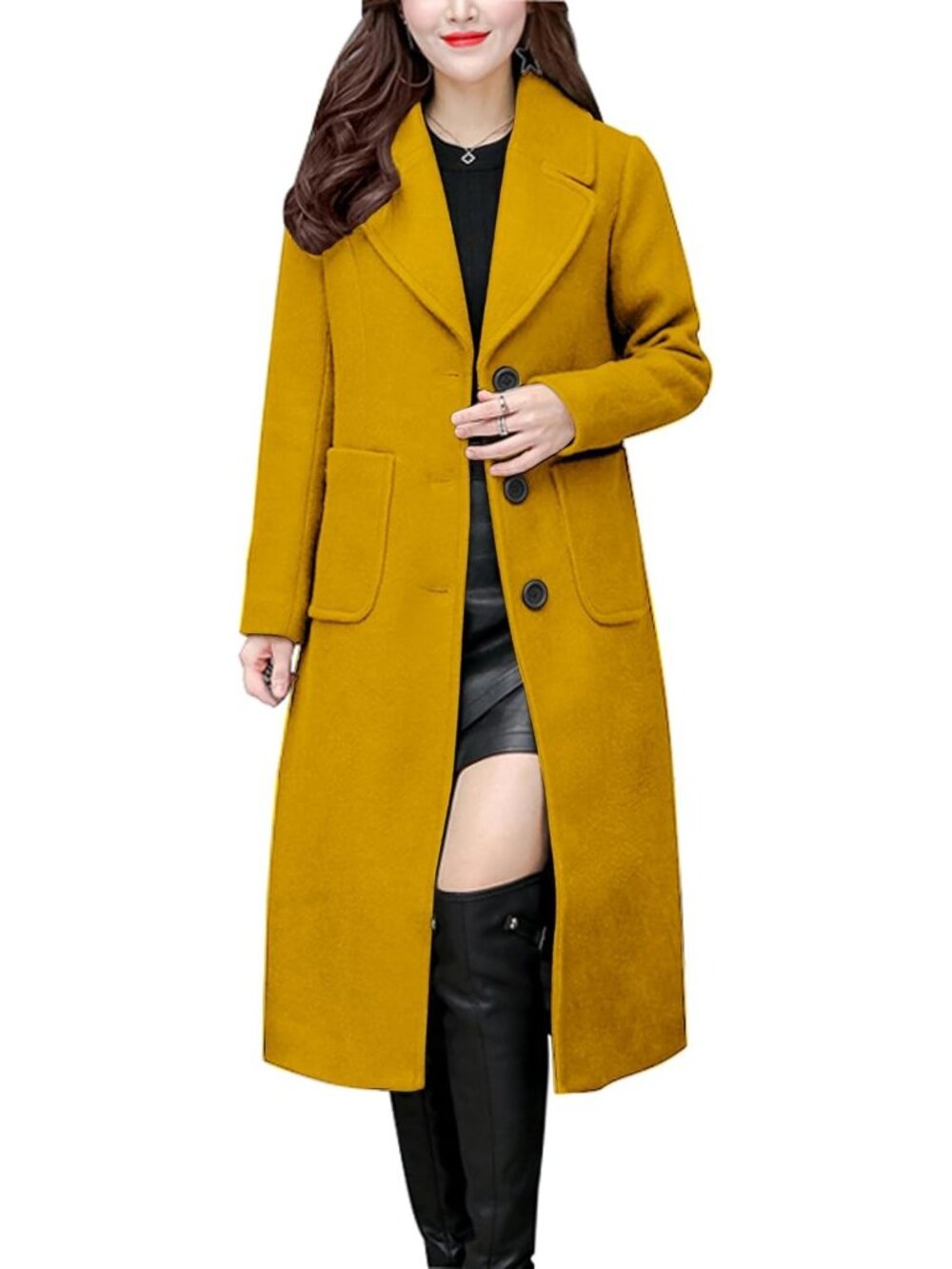 Women's Yellow Wool Blend Long Single-Breasted Notch Lapel Classic Trench Coat